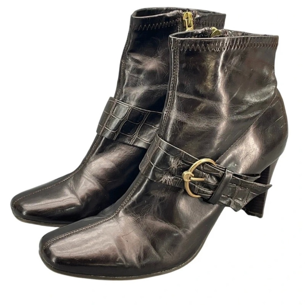 Etienne Aigner Dark Brown Heeled Boots with Gold Buckle